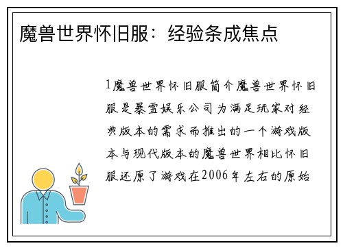 魔兽世界怀旧服：经验条成焦点